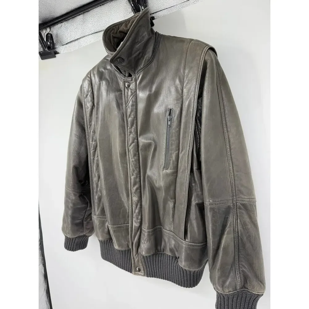 Vintage Basile Italy Mens M Gray Leather Bomber Jacket 90s Designer Moto